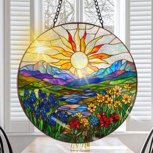 VAIIEYO Sun Sun Catcher Stained Glass Window Hanging Ornament, Handmade Sun Catcher Flower Landscape Decoration with Hooks for Window Garden Home, Birthday Housewarming Gift 7.8 inch