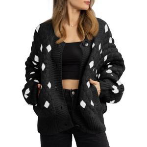 Saodimallsu Womens Chunky Cardigans Button Down Long Sleeve Open Front Plaid Knit Loose Fall Sweater Coats XL