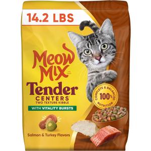 Meow Mix Tender Centers Vitality Bursts, Salmon & Turkey Flavor, Dry Cat Food, 14.2 lb. Bag | Two Texture Kibble with Vitality Bursts, Meaty Center Surrounded by a Crunchy Outer Layer, Complete and Balanced Nutrition, EXP: 04/26/27