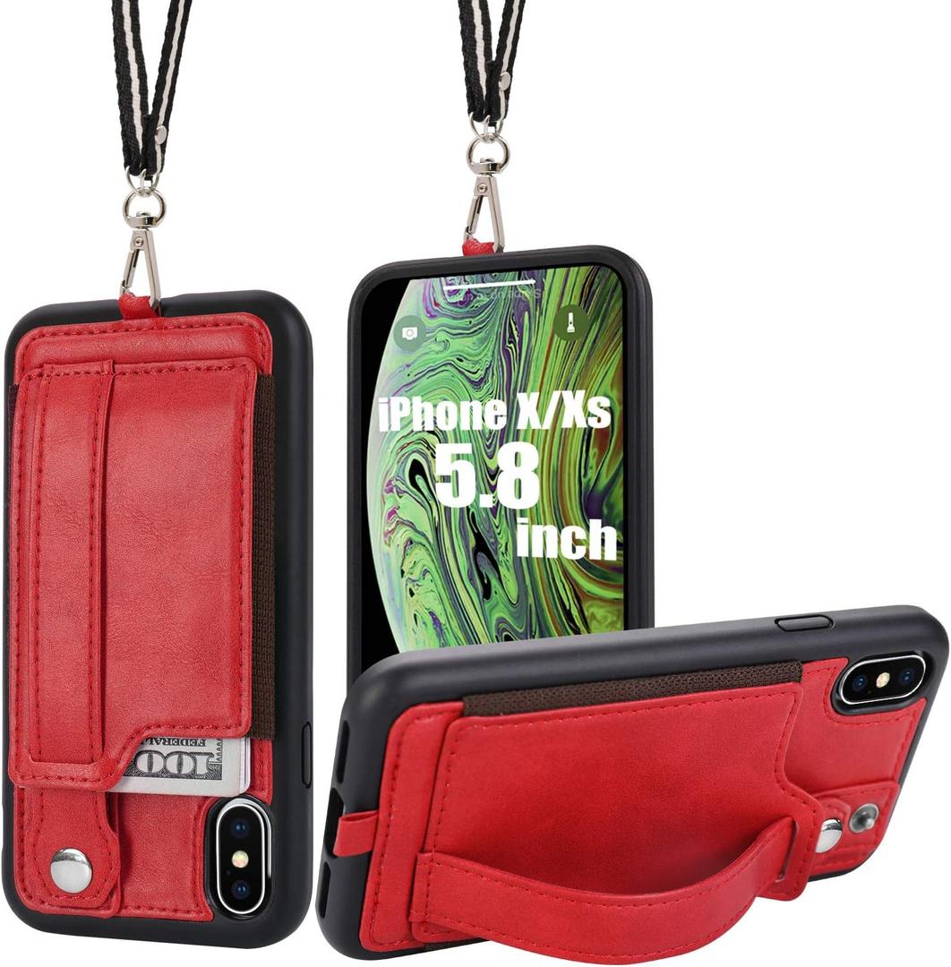 TOOVREN iPhone X/Xs Wallet Case Phone Lanyard Neck Strap iPhone Xs / 10 Protective Case Cover with Stand Leather PU Card Holder Adjustable Detachable iPhone Lanyard for Anti-Theft and Activity Red