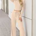 Women's Two Piece Outfits Lounge Sets Long Sleeve Ruched Top & Wide Leg High Waist Pants with pockets (XL)