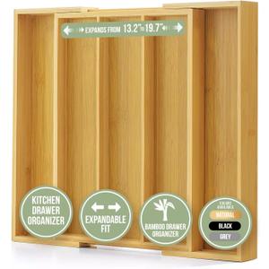 Purawood Kitchen Drawer Organizer - Expandable Utensil Drawer Organizer for Kitchen, Cutlery Tray & Silverware Organizer, 3-5 Slots - Bamboo Organizer for Utensils & Flatware, Natural 