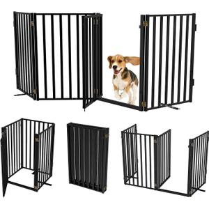 Full Metal Freestanding Dog Gates with Door, 32" Height Dog Fences for Indoor & Outdoor, Extra Wide Foldable Pet Gates for Stairs, Hallways, Doorways, Yard (4 Panels, 80" W 32" H)
