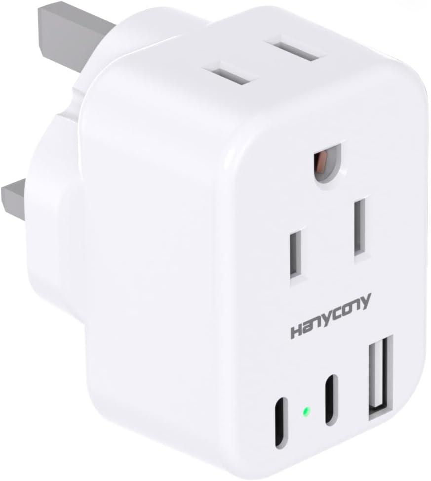 US to UK Ireland Travel Plug Adapter, HANYCONY Type G Travel Adapter 2 Outlets 3 USB Ports(2USB C), UK Power Adapter Converter for USA to Dubai England London Scotland British Kenya Irish Hongkong