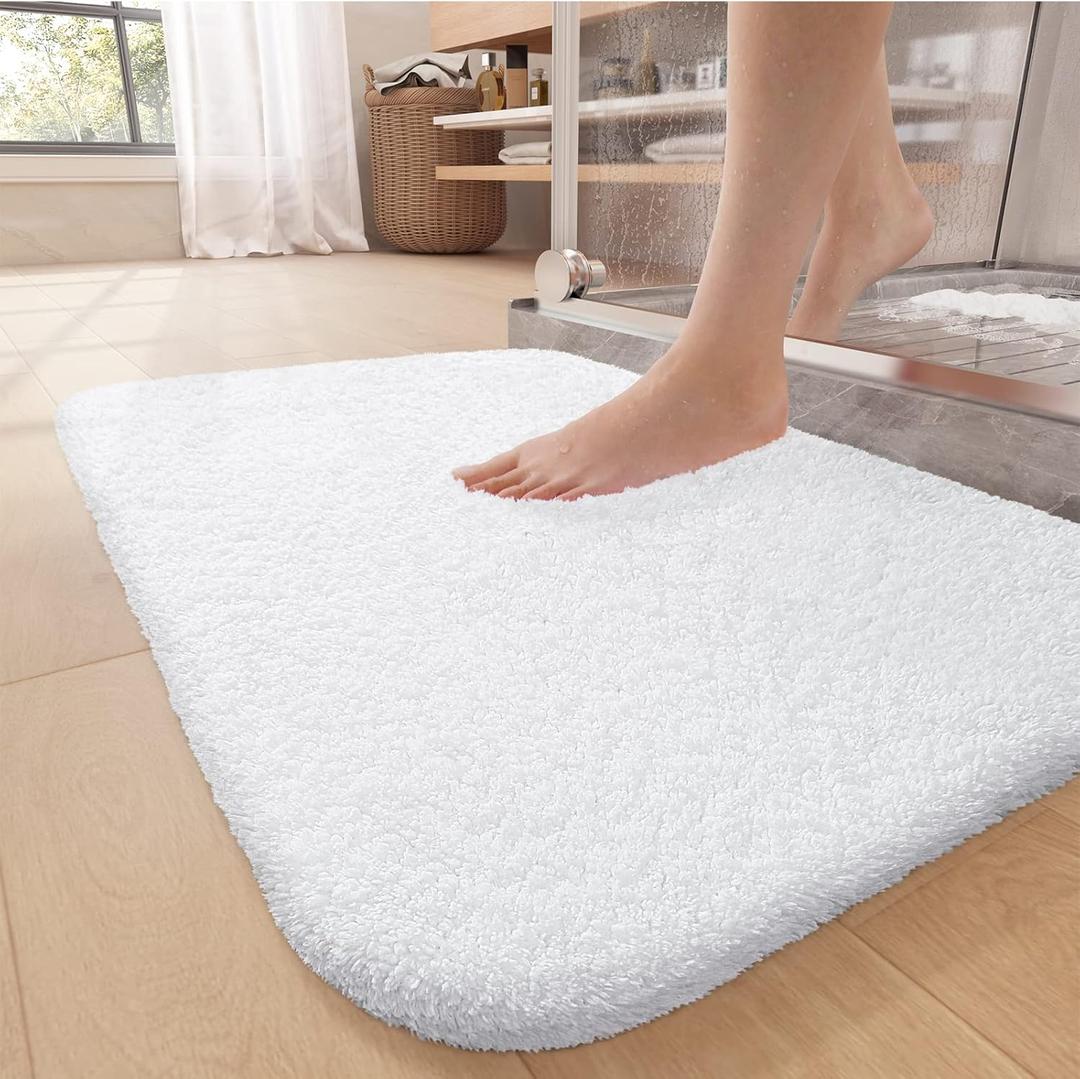 Color&Geometry High Pile White Bathroom Rugs 16"x24", Small- Upgrade Your Washroom with Soft Bath Mat- Plush, Non Slip, Absorbent, Washable Microfiber Shower Rug/Carpet for Outside Tub