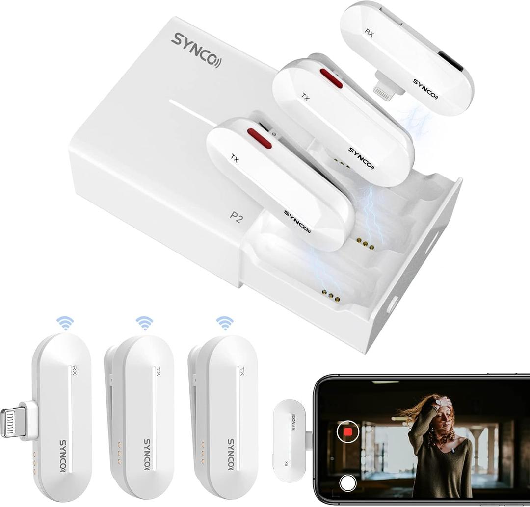SYNCO Wireless Lavalier Microphone, P2L Dual Transmitter & 1 Receiver 2.4GHz Lapel Mic with Charging Case Plug & Play for YouTube Live Stream Recording Tiktok, Wireless-Lavalier-Microphone-iPhone (White)