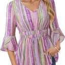 Timeson Women's 3/4 Sleeve Tops Dressy Casual V Neck Floral Blouses Elastic Waist Fall Shirts (Pink, L)