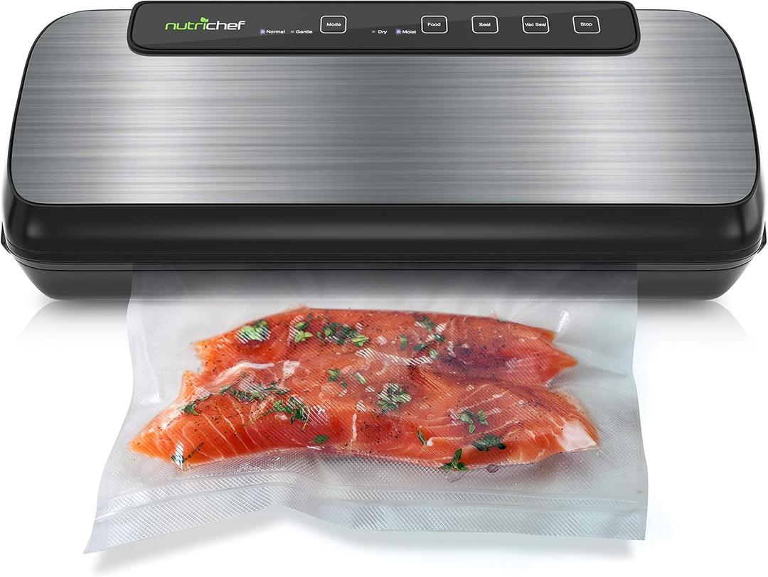 NutriChef Stainless Steel Vacuum Sealer For Food - High-Power Machine with Adjustable Suction, Dry & Moist Modes, LED Lights, Bags, Wine Stopper & Hose, Easy Plug-in Design, Lab-Tested Food Storage, Silver