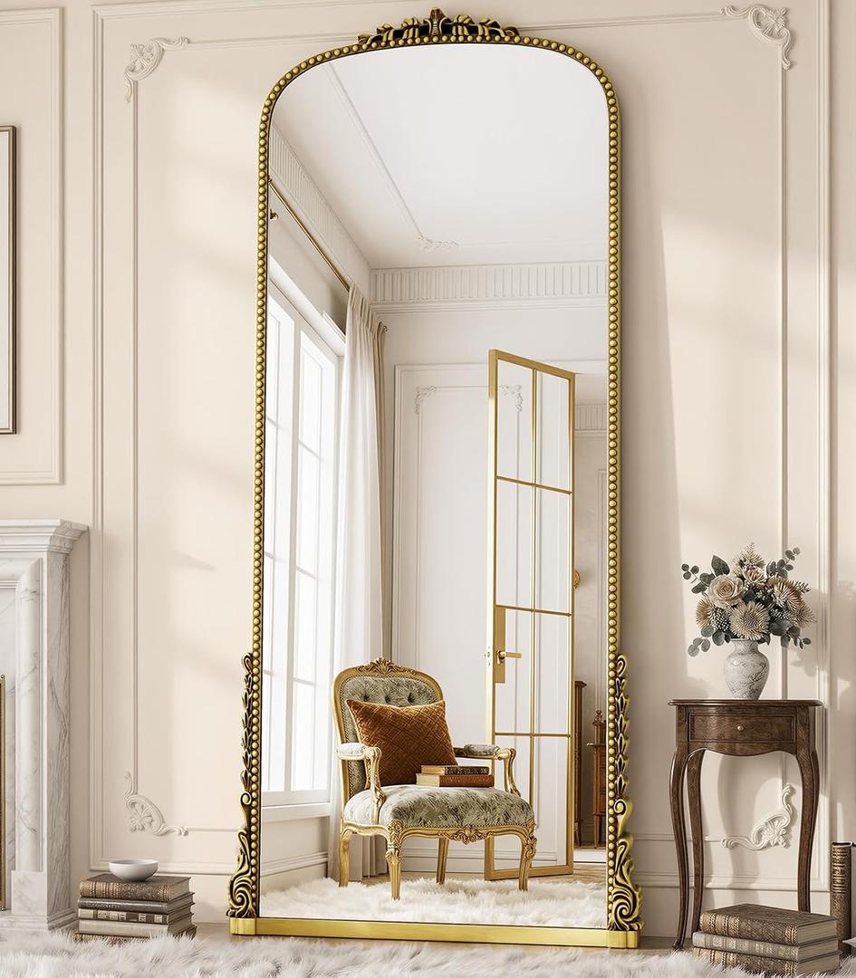 Antique Full Length Mirror 71" x 32", Antique Gold Arched Large Vintage Mirror in Baroque Style with Tempered Glass, Freestanding for Bedroom, Living Room, Cloakroom