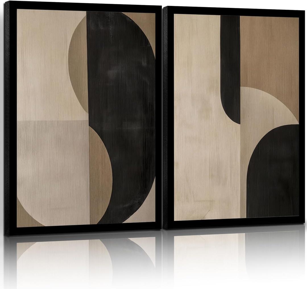 Framed Abstract Geometric Wall Art Beige Black Modern Canvas Print Modern Painting Poster Picture Gallery Artwork Suitable for Living Room Bedroom Office Hallway 16x24 inch 2-Pack
