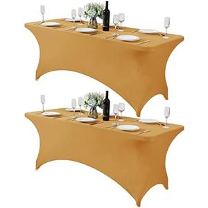 Hezuzo 2Pack Spandex Table Cover for 6Ft or 4fT or 8ft Table Universal Fitted Stretch Tablecloth for Party, Banquet, Wedding and Events-Gold