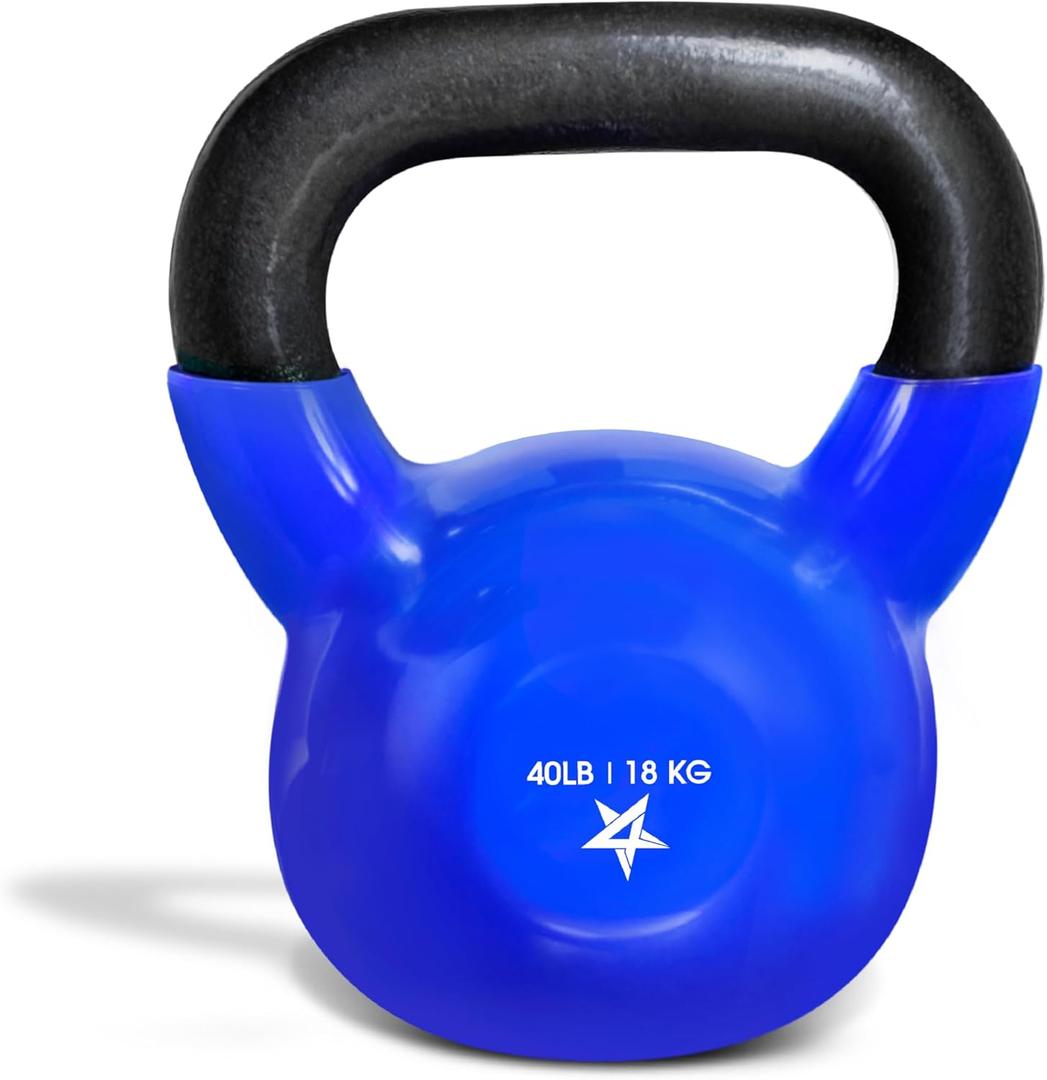 Vinyl Coated Cast Iron Strength Training Kettlebells for Home Gym Exercises, Fitness, Full Body Workout Equipment, Push Ups, and Grip Strength, H. 40LB - Dark Blue Vinyl Coated