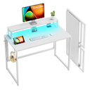 Small Folding Desk 39.4 Inch, Foldable Computer Desks with LED Lights and Monitor Stand, Work Portable Table for Bedroom Home Office, White
