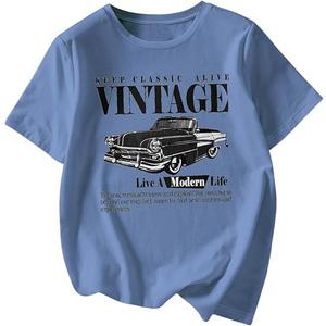 RoseSeek Women's Graphic Letter Tee Crew Neck Drop Shoulder Trendy Summer T Shirt Short Sleeve Vintage Car Print Top Car Print Blue XX-Large at Amazon Womens Clothing store (XXL)