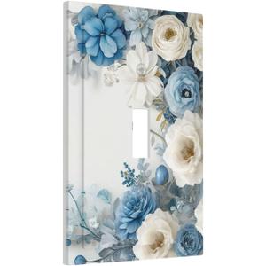 Xuejiaku Decorative Light Switch Cover Blue Rose White Flowers Rustic Floral 1 Gang Wall Plate Oversized Single Toggle Wall Cover Jumbo Electrical Switchplate Face