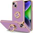 Hython for iPhone 14 Plus Case with Ring Stand [360 Rotatable Ring Holder Magnetic Kickstand] [Support Car Mount] Plated Gold Edge Soft TPU Luxury Shockproof Protective Phone Case Cover, Purple