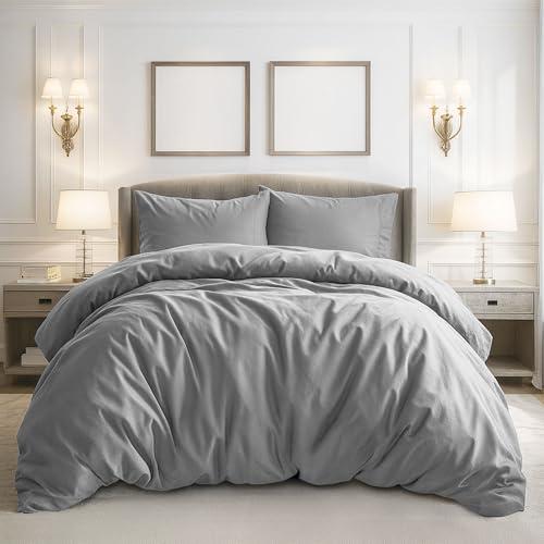 Pure Bedding Duvet Cover Queen Size - 3 Pieces Extra Soft Bedding Set, Includes 1 Duvet Cover 90x90 Inches with Zipper Closure & 2 Pillow Shams, Comforter Not Included, Light Grey