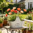 Distressed White Galvanized Metal Flower Planter Set of 2, Rustic Farmhouse Pot with Handle, Multi Use Tub for Garden Harvest Fruit Vegetables, Floral Craft Tool Organizer Indoor Patio Yard Decor