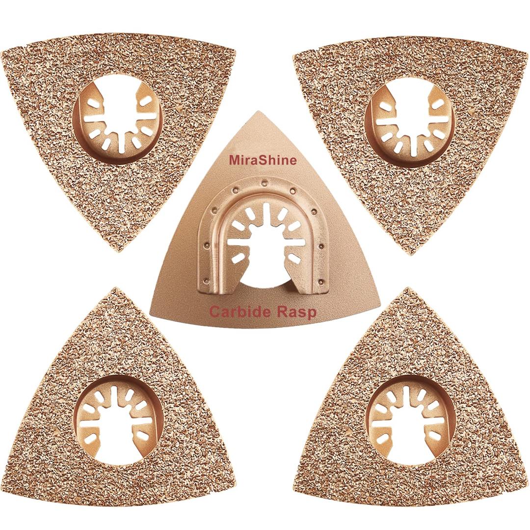 MiraShine 4pcs Oscillating Multitool Triangular Carbide Grit Rasp Blades, Tiangle Carbide Oscillating Sanding Pads For Sanding Grinding Rasping Concrete Masonry Grout Mortar Thinset Adhesives and Wood
