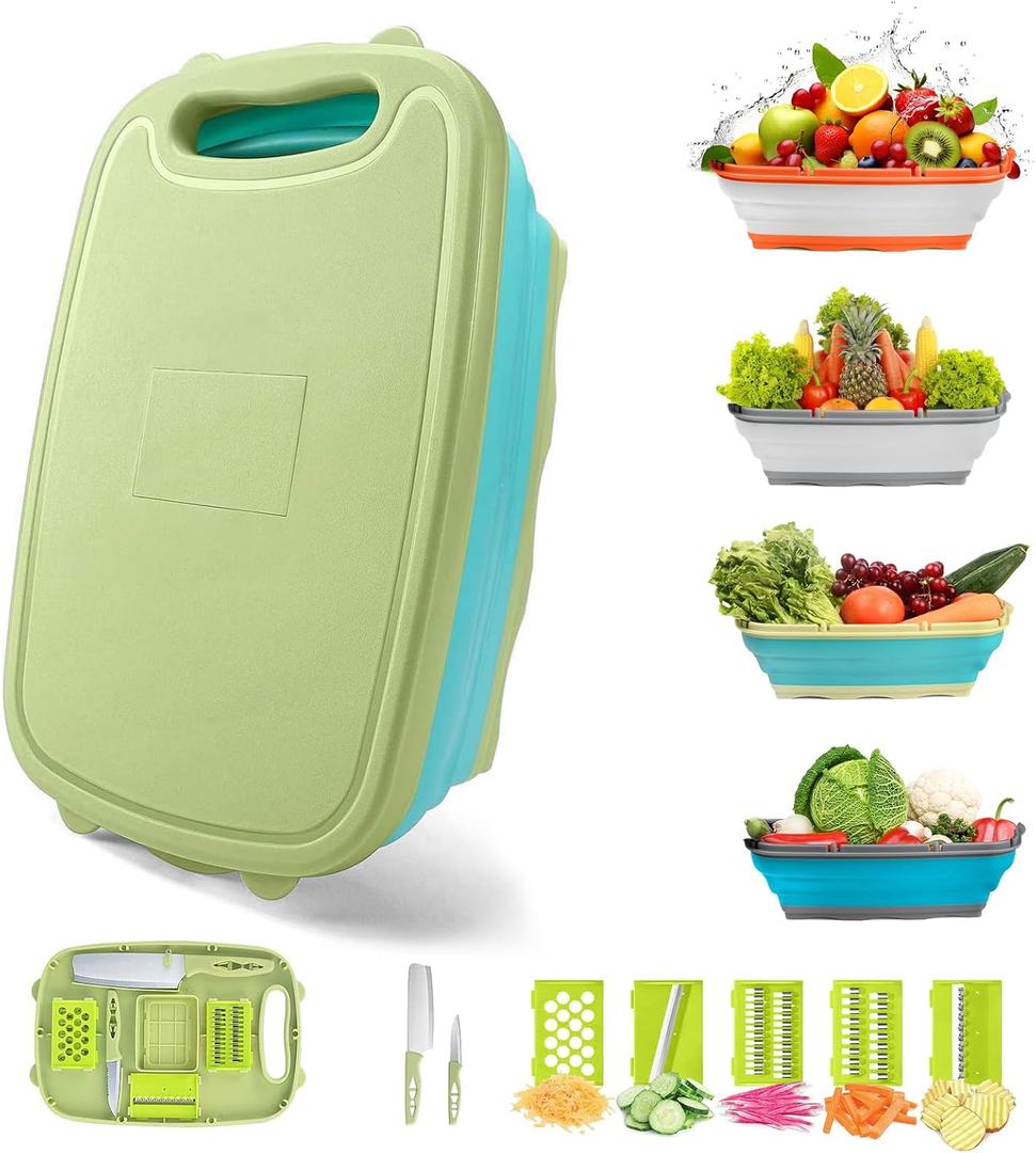 Gintan Camping Cutting Board, 9-in-1 Collapsible Chopping Board with Colander, Kitchen Vegetable Washing Basket for Camping, Camping Gifts Camping Accessories for RV CampersBlue Green)