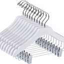 Quality White Wooden Kids Pant Skirt Hanger 10-Pack, Luxury Wave Design Chrome 360 Swivel Hook (10, 13" inch with Clips)