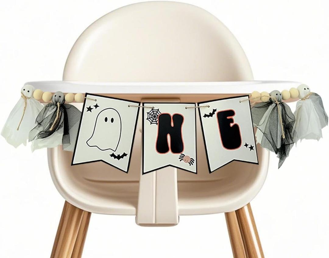 Halloween 1st Highchair Banner,Ghost Black White Birthday Decorations,Spooky One Decor,Black Themed Baby Birthday Party (Black White Ghost Highchair Banner)