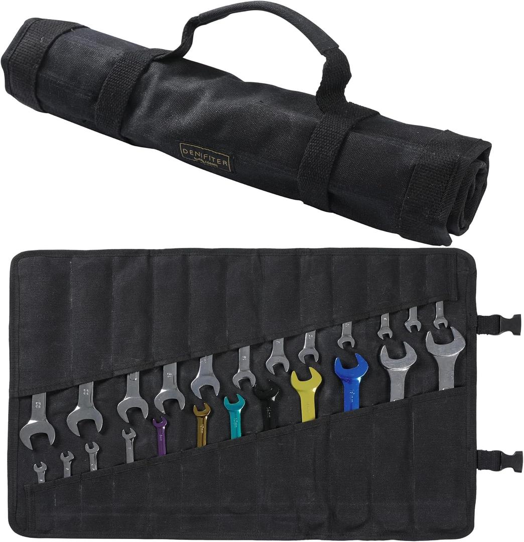 Wrench Roll,Heavy Duty 16oz Waxed Canvas Large Wrench Roll Up Pouch & Tool Bag, 24 Pockets Tool Roll Bag with Buckle (Black)