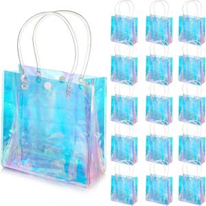 Sherr 16 Pcs Holographic Small Gift Bag Reusable Iridescent Clear Bags for Women PVC Plastic Goodie Holder with Handles for Shopping Christmas Holiday Gift Party Favor(5.91" x 6.3" x 2.76",Rainbow)