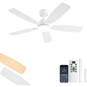 White Ceiling Fans with Lights, 52 Inch Low Profile Ceiling Fan with Light and Remote/App Control, Dual-Sided Blades, Reversible, 3CCT, Dimmable, Modern Ceiling Fan for Indoor/Outdoor Patios