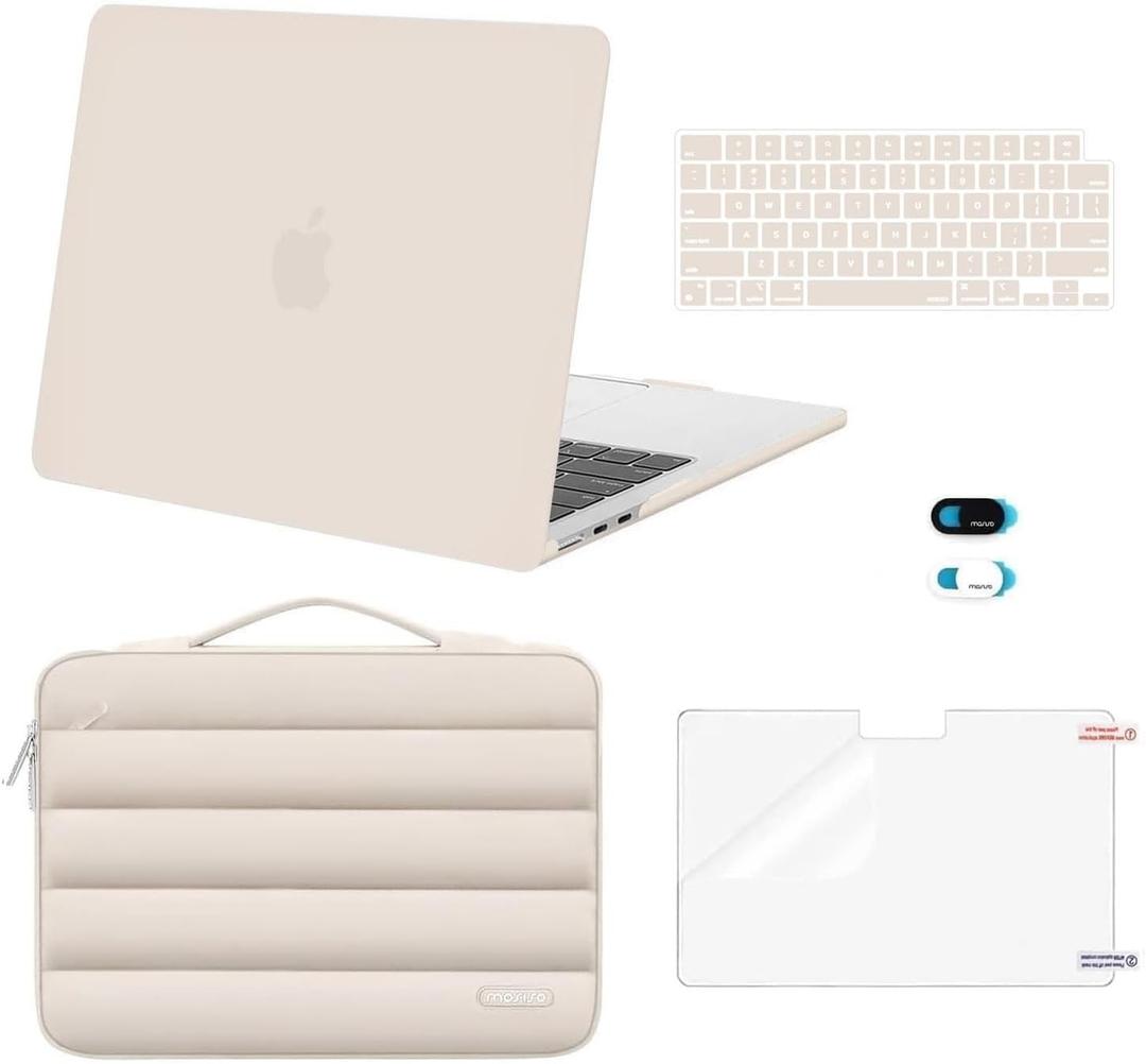 MOSISO Compatible with MacBook Air 13 inch Case M5 2026 M4 2025 M3 M2 2024-2022 A3449 A3240 A3113 A2681, Hard Case&Puffy Bag&Keyboard Cover&Webcam Cover&ScreenFilm for MacBook Air 13.6, Sand