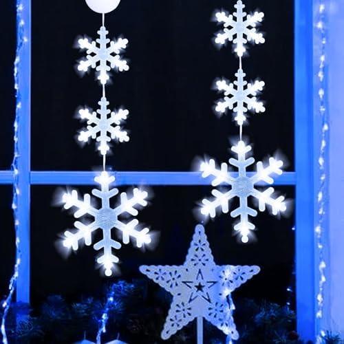YIRHYZC Christmas Window Lights - 2 PCS Hanging Snowflake Decorations, Battery Operated Curtain Lights With Suction Cup Hook, Light Up Holiday Decor