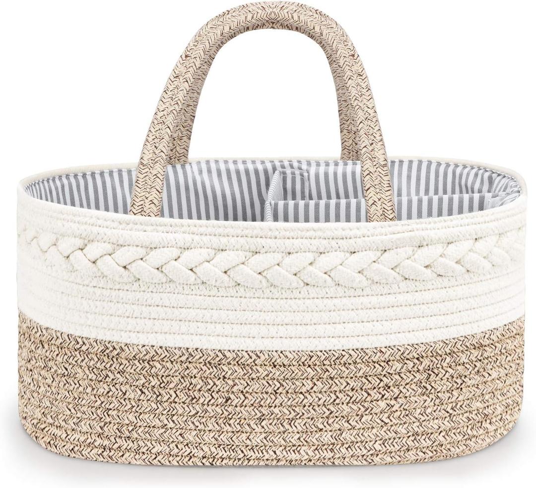 Maliton Baby Diaper Caddy Organizer, X-Large Cotton Rope, Rustic Style, Portable, 3 Compartments, A-Brown