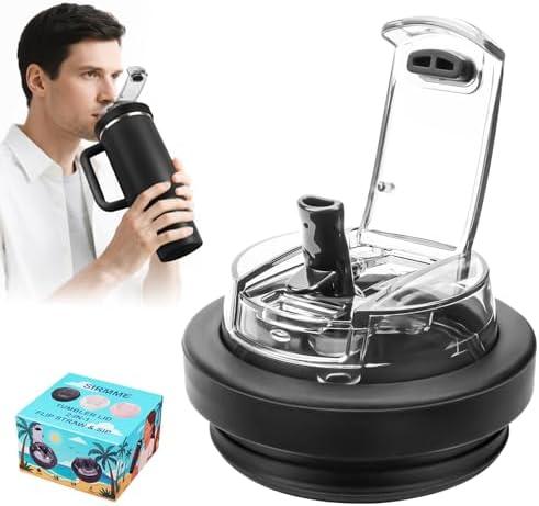 40 oz Tumbler Lid Replacement – 2-in-1 Flip Straw & Sip Cover, Leakproof Spill Proof Dustproof Reusable Lid with Brush, Food-Grade Silicone & ABS, Cup Accessories Fits Most 40oz Travel Tumblers