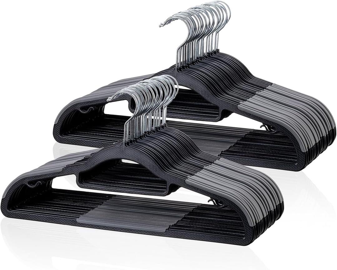 Heavy Duty Plastic Hangers 50 Pack, Space Saving Clothes Hangers, Non-Slip, 0.2 Inches Slim, 360 Swivel Silver Hook for Shirts, Sweaters & Pants, Black and Dark Gray