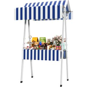 Outdoor Vendor Cart, 43.30in Foldable Metal Market Stall Display Stand with Canopy, Portable Multi-Purpose Floor Wagon for Retail Kiosks Events Festivals Farmers Markets Trade Shows, Blue