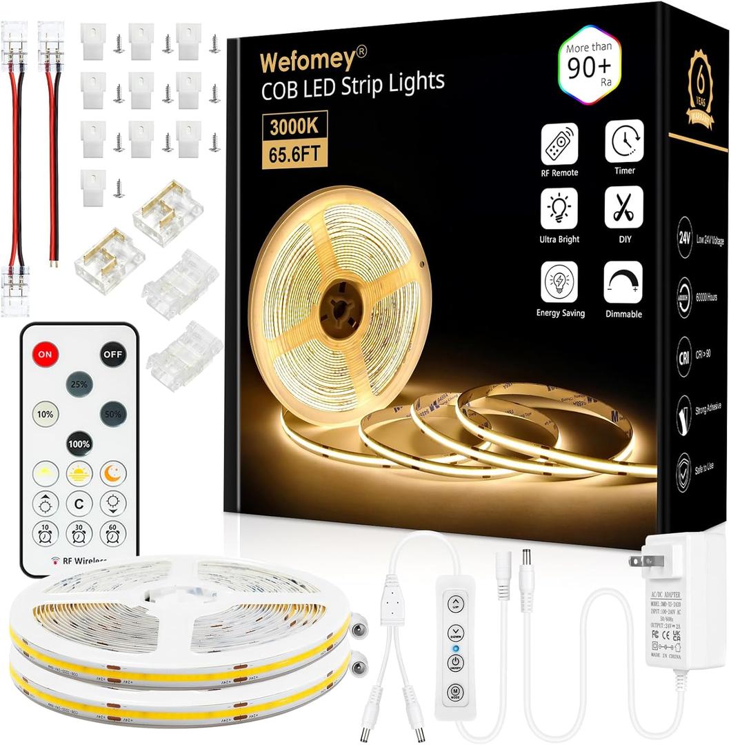 65.6ft COB LED Strip Light with Remote, 3000K Dimmable Bright Warm White Led Lights Strip, Flexible DC24V Led Tape Light for Bedroom, Kitchen, DIY Lighting (2 Rolls of 32.8ft)