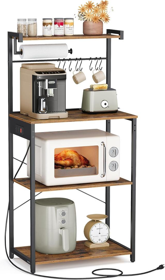 VASAGLE Kitchen Bakers Rack with Power Outlet, Coffee Bar 4-Tier with 8 S Hooks, Microwave Stand, Adjustable Shelf, for Small Spaces, Rustic Brown and Ink Black UKKS014K01V1