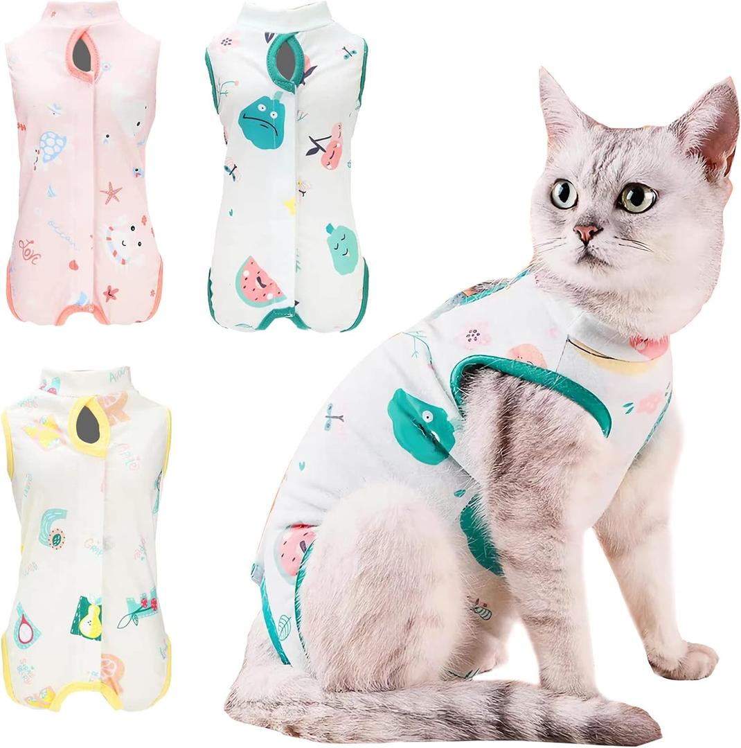 Cat Recovery Suit After Surgery, M Size 3-Pack Anti-Licking Onesie for Cats, E-Collar Alternative for Spayed Neutered Cats Abdominal Wound Care M