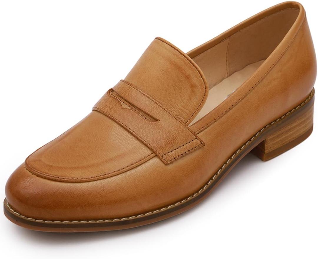 Mona flying Women's Comfort Leather Round Toe Penny Loafers Dress Casual Slip On Flats Ladies Office Work Shoes (8, Brown)