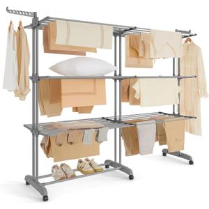 SONGMICS Clothes Drying Rack 4-Tier, Foldable Laundry Drying Rack 69.9-Inch Tall, Extendable Rods, Stainless Steel, Rolling Clothes Horses, Clothes Airer, Indoor Outdoor Use, Dove Gray ULLR704G01