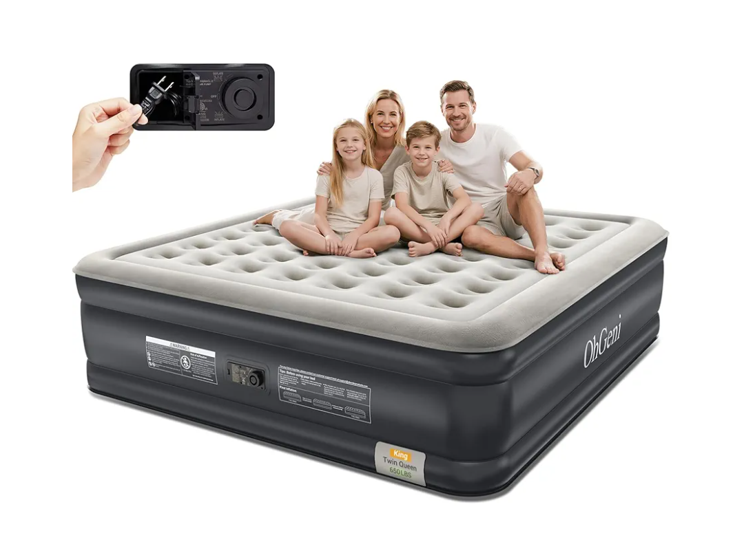 OhGeni King Air Mattress Family Choice Award with Built-in Pump,18'' Comfortable Blow Up Colchones Inflables Mattress for Home,Guests, Portable Air Bed for Adults, Airbed Supports Up to 650 lbs,Black