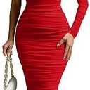 LAGSHIAN Women's Elegant Bodycon One Shoulder Long Sleeve Ruched Midi Cocktail Party Dress, Large