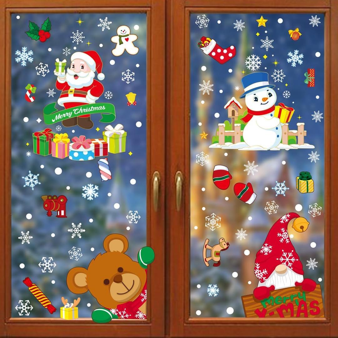 2 x Christmas & Halloween Static Window Clings Set (20x30cm & 35x28cm),8-10 Designs/Pack, Removable Decals for Glass (Christmas Cozy Whimsical, Polyvinyl Chloride, Large)