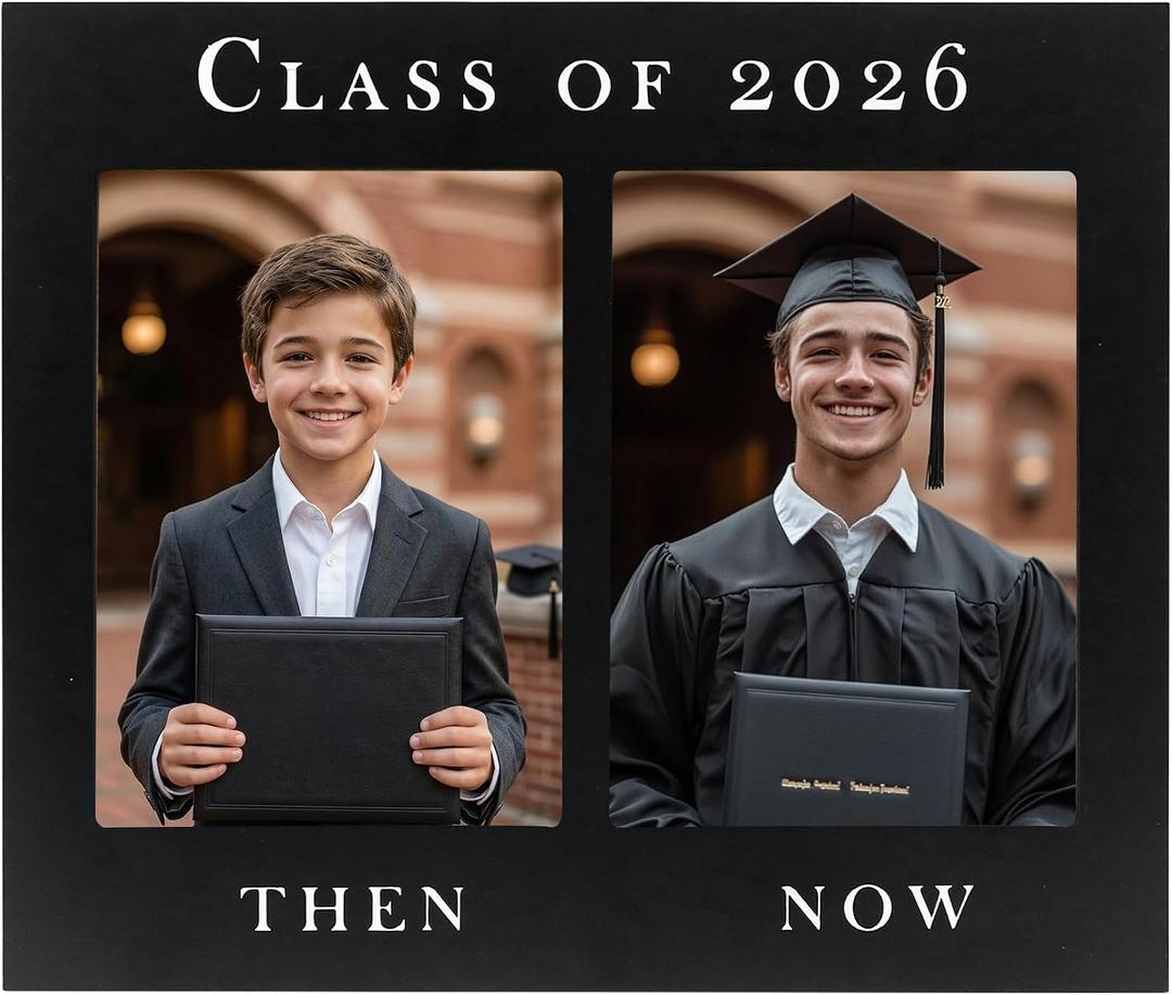 FramePro Class of 2026 Then & Now Graduation Picture Frame, Double 5x7 Wooden Graduation Photo Frame, Black HD Glass Graduation Gift, Simple