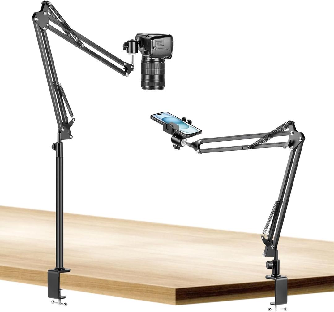 Evekea Overhead Camera Mount, Desk Camera Mount with 360 Adjustable Arm and Phone Holder for DSLR Cameras/iPhone/Webcam/Ring Light, Desk Phone Stand for Video Recording,Zoom Meeting,YouTube,TikTok