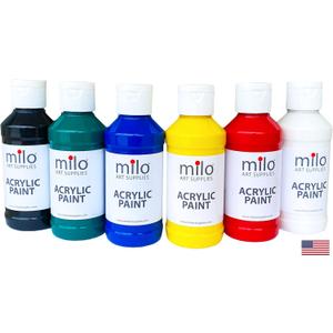 milo Acrylic Paint Set of 6 Colors | 4 oz Bottles | Student Primary Colors Acrylics Painting Pack | Made in the USA | Non-Toxic Art & Craft Paints for Artists, Kids, & Hobby Painters