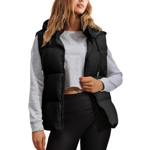 Tanming Black Puffer Vest Women Zip Up Lightweight Sleeveless Winter Outerwear Vests with Hood (X-Large)
