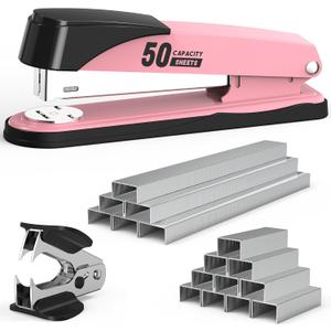 Metal Stapler Heavy Duty 50 Sheet Capacity with 1750 Staples and Staple Remover, Full Strip Staplers for Desk, No Jam, Non-Slip for Office & Classroom, Pink