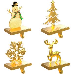 4 Pack Christmas Stocking Holders for Mantle, Stockings Hangers Set of 4, Snowflake Snowman Tree Deer Reindeer Heavy Weighted Hooks for Mantel Fireplace Windows Indoor Decorations Gold