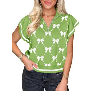 Saodimallsu Womens Ruffle Short Sleeve Knit Tops Summer Quarter Zip Cute Bow Print V Neck Collared Sweater Vest (Small, Green)
